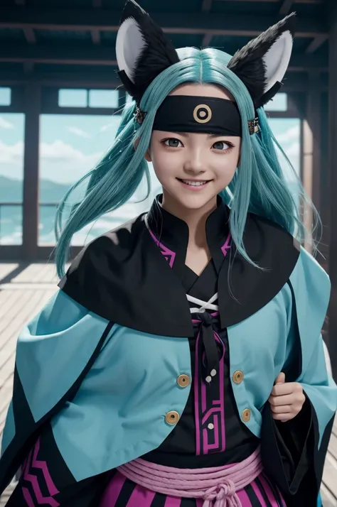 Captura de pantalla de Kimetsu No Yaiba,Women,by address, fox ears,light blue and black aori, black blindfold covering the eyes,smiling 