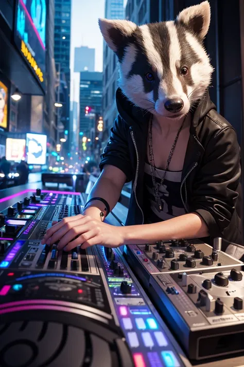 Badger playing as a DJ in a city where the inhabitants are all humanoid animals 