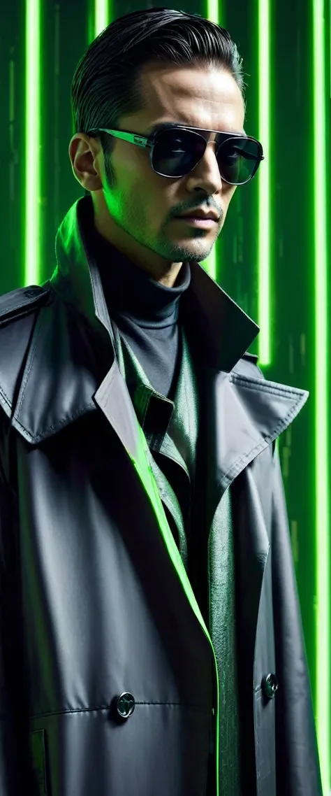 Generate a half-body portrait of a man wearing sunglasses, vestido com um trench trench coat de couro que lembra os personagens de Matrix, against a backdrop of cascading fluorescent green letters, in the style of the film. Pay meticulous attention to (((d...