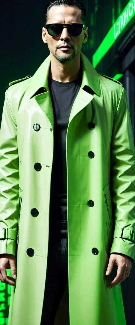 Generate a half-body portrait of a man wearing sunglasses, vestido com um trench trench coat de couro que lembra os personagens de Matrix, against a backdrop of cascading fluorescent green letters, in the style of the film. Pay meticulous attention to (((d...