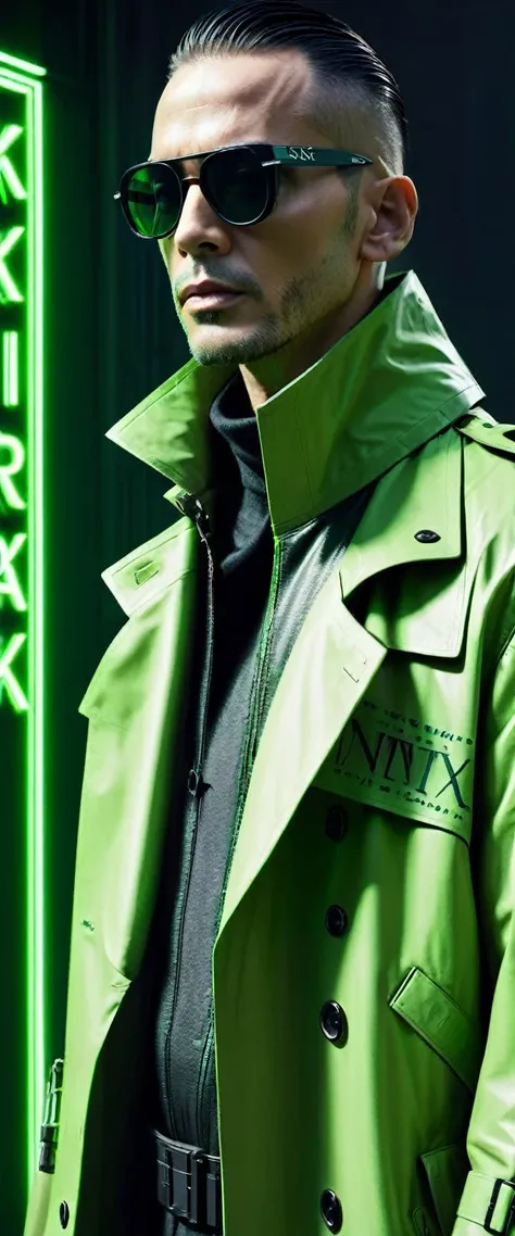 Generate a half-body portrait of a man wearing sunglasses, vestido com um trench trench coat de couro que lembra os personagens de Matrix, against a backdrop of cascading fluorescent green letters, in the style of the film. Pay meticulous attention to (((d...