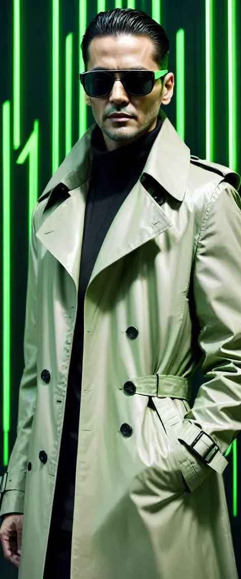 Generate a half-body portrait of a man wearing sunglasses, vestido com um trench trench coat de couro que lembra os personagens de Matrix, against a backdrop of cascading fluorescent green letters, in the style of the film. Pay meticulous attention to (((d...