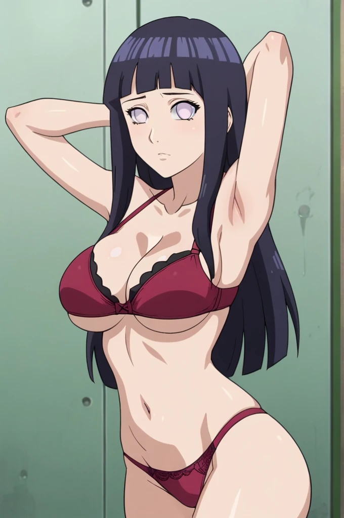 score_9, 1girl,solo, large breasts, (hinata, hyuuga hinata, purple eyes, blunt bangs, black hair) big breasts, perfect breasts, large breasts, round breasts, sexy body, slim waist, nice hips, skinny, nice thighs, black bra, cleavage, bare shoulders, collar...