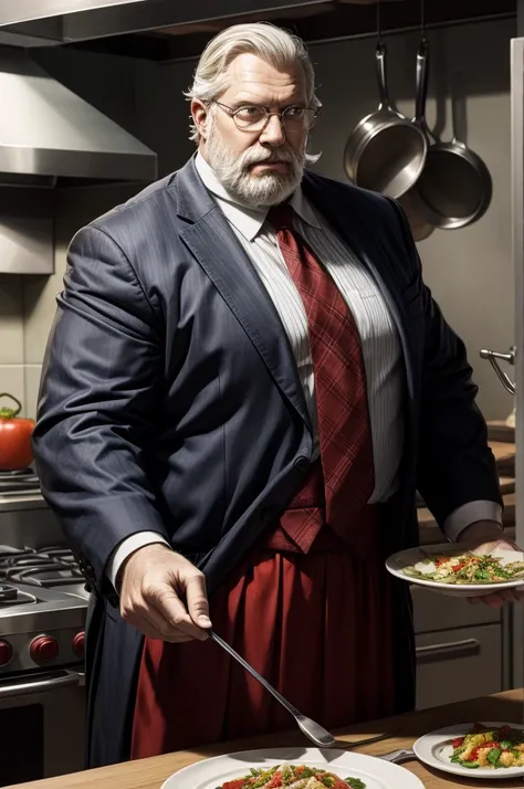 （（"Powerful and experienced chef, Black tuxedo with red tie、Muscles are bulging, Cooking with passion in a vibrant kitchen filled with the aroma of vegetables, Old man with a mustache, Wear glasses, detailed, high detailed, Realistic, Perfect hands."Great ...