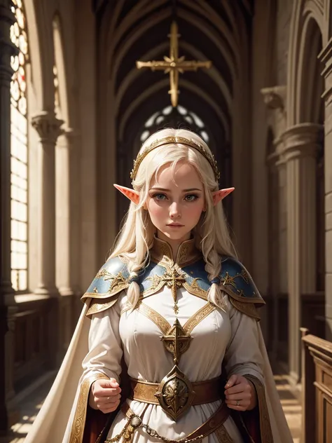 ((best qualityer)), ((work of art)), (detailded), Elven female cleric wearing holy clothing in a church praying