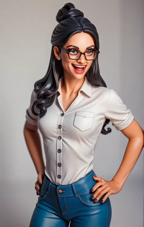 thin lady, happy, long hair up to elbow length, with glasses on his head, culona, White skin, a dark green blouse with white buttons, big legs, small waist, jeans fitted to your figure, photo the (Georgina Rodriguez)