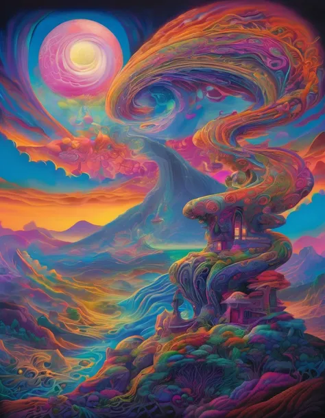 A dmt entity  smoking a pipe made of flowing, thread-like fluorescent neon material pulls itself apart from the torso revealing a breathtaking cartoon dreamlike landscape bathed in the  gray light of sunset that is vortexing into a dream spiral. The contra...