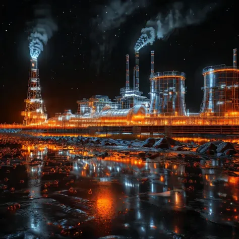 Wireframe hologram of thermal power plant,
Thermal power plants do not emit light,rendered in the style of a 3D rendering with a black background,
Professionally shot with professional lighting and color grading，To present surrealism,
Orange and white,(The...