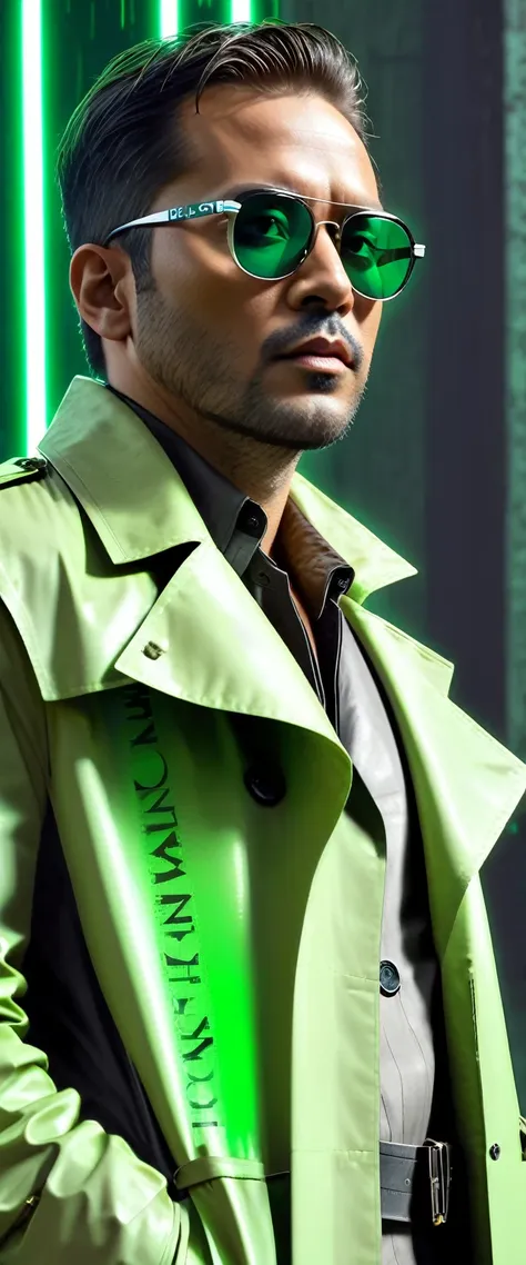 Generate a half-body portrait of a man wearing sunglasses, vestido com um trench trench coat de couro que lembra os personagens de Matrix, against a backdrop of cascading fluorescent green letters, in the style of the film. Pay meticulous attention to (((d...