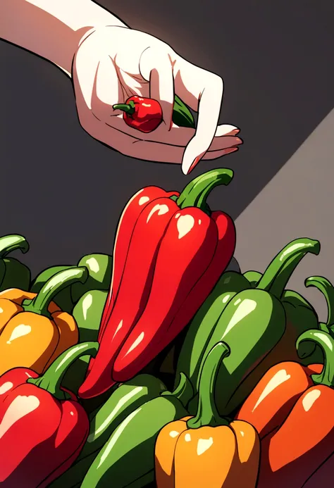 a  fairy flying over a pile of Peppers , holding one Pepper on her hand