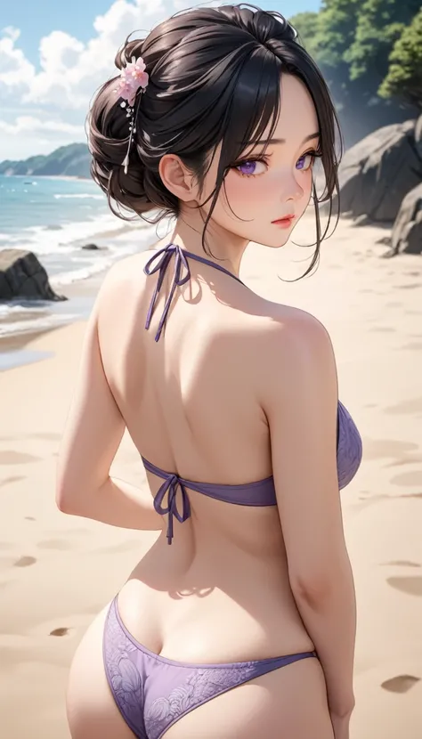 masterpiece, High resolution, perfect face, beauty of japan, 30 years old, beautiful face, beach, light purple bikini, embarrassed look, look at the camera, top quality eyes, detailed texture, look at me, little, Married woman, cool women, high resolution ...