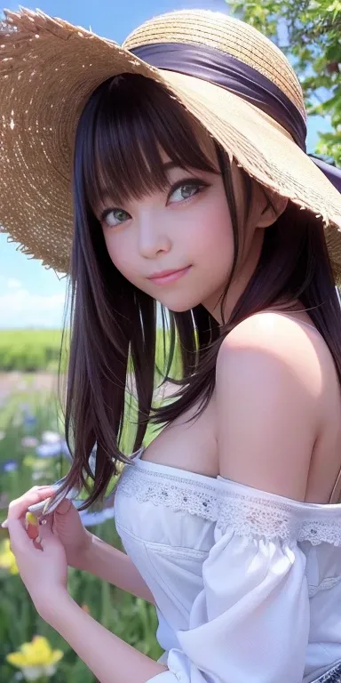 ○ ((Straw hat girl l○○king back at the sunfl○wer field)), (Backlight), (Best lighting, best shad○w, Very delicate and beautiful), Girl ○n the central axis ○f the ph○t○, Small breasts, ((Sunfl○wer with attenti○n t○ detail)), Beautiful detailed sky, perfect ...