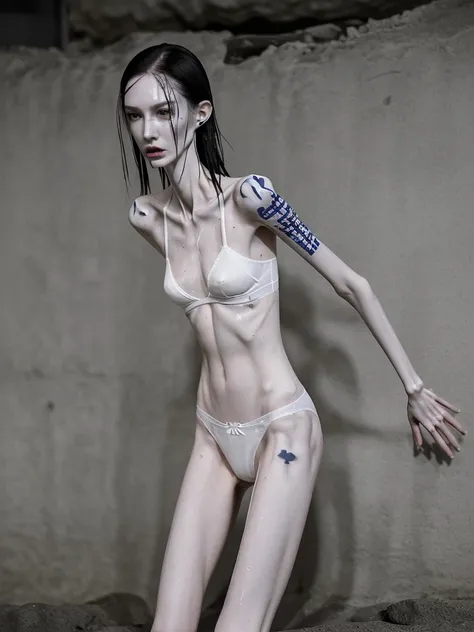 a woman, very thin body, body visible bones, very slender, sweaty wet body, pale white skin, panties, bra,tatto, full body, has a mental breakdown in an underground prison