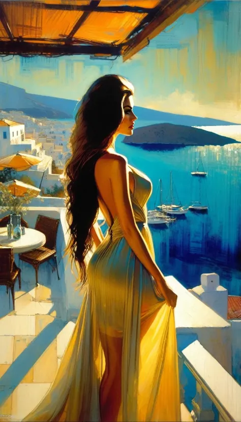 very sexy girl with long hair, wearing an elegant and sexy dress, sitting on a terrace, overlooking the sea of ​​a typical Greek town.1.5, (art inspired in Bill Sienkiewicz). oil painting)