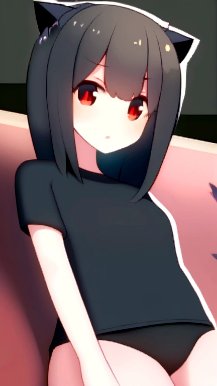 Anime girl, black hair, long bangs, spiky hair, and black cat ears that look like horns, with grey and black lines in the shirt, with black panties, red eyes