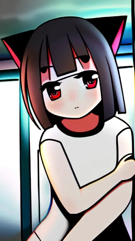 Anime girl, black hair, long bangs, spiky hair, and black cat ears that look like horns, with grey and black lines in the shirt, with black panties, red eyes