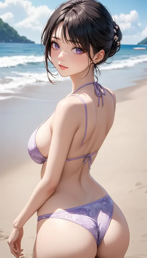 masterpiece, High resolution, perfect face, beauty of japan, 30 years old, beautiful face, beach, light purple bikini, embarrassed look, look at the camera, top quality eyes, detailed texture, look at me, little, Married woman, cool women, high resolution ...