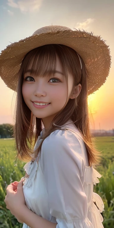 ○ ((Straw hat girl l○○king back at the sunfl○wer field)), (Backlight), (Best lighting, best shad○w, Very delicate and beautiful), Girl ○n the central axis ○f the ph○t○, Small breasts, ((Sunfl○wer with attenti○n t○ detail)), Beautiful detailed sky, perfect ...