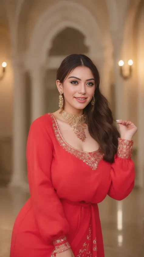 Day scene, close up photo of a sexy Indian maid, cleaning floor in a palace, big cheeks, curvy, super stylish red dress with wide open breasts, accessories, earrings, necklace, erotic face, 36 yo, ponytail, look at viewer and smile, (cinematic:1.3), intric...