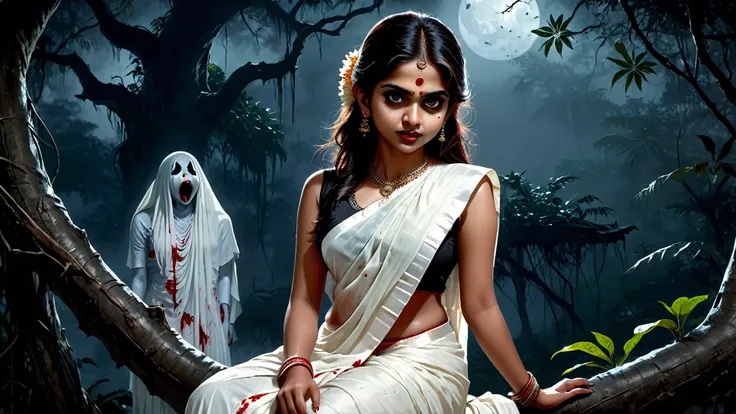 (dark jungle black night ambience) (horror dark effect) (full body) a beautiful indian beautiful teen ghost girl wearing sleeveless white blood stained saree, (big but covered) sitting on a tree branch, scary bloody face, cruel smiling expression, seductiv...