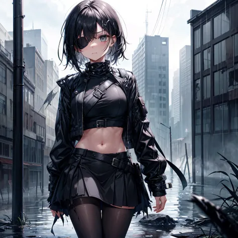 ((Highest quality)), ((masterpiece)), (detailed), A beautiful black-haired girl with an eye patch covering her left eye, looking down at the viewer with an emotionless expression. She is standing in a desolate cityscape, heavily damaged and partially flood...