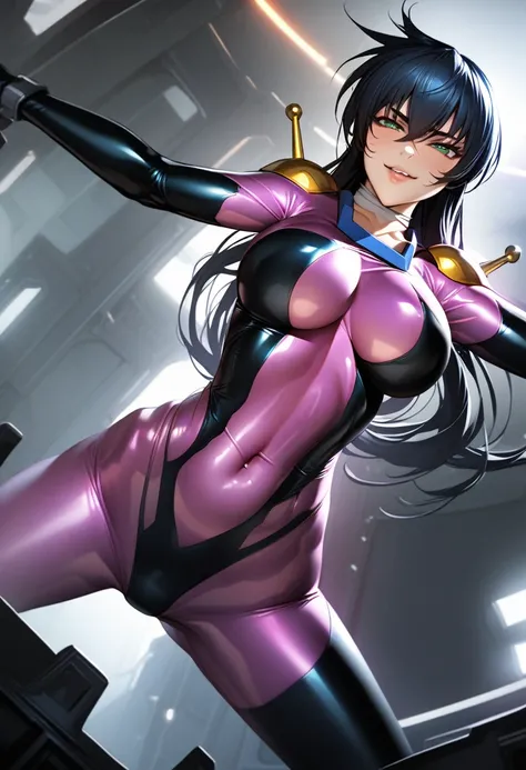 do_Asagi, One girl, Long Hair, Hair between the eyes, Black Hair, Blue Hair, Green Eyes,,Perfect hands, Perfect Fingers,Perfect Anatomy, masterpiece, Highest quality,Realistic, hyperRealistic, 16k hdr,One girl, Large Breasts,Erect nipples,Mobile Trace Suit...