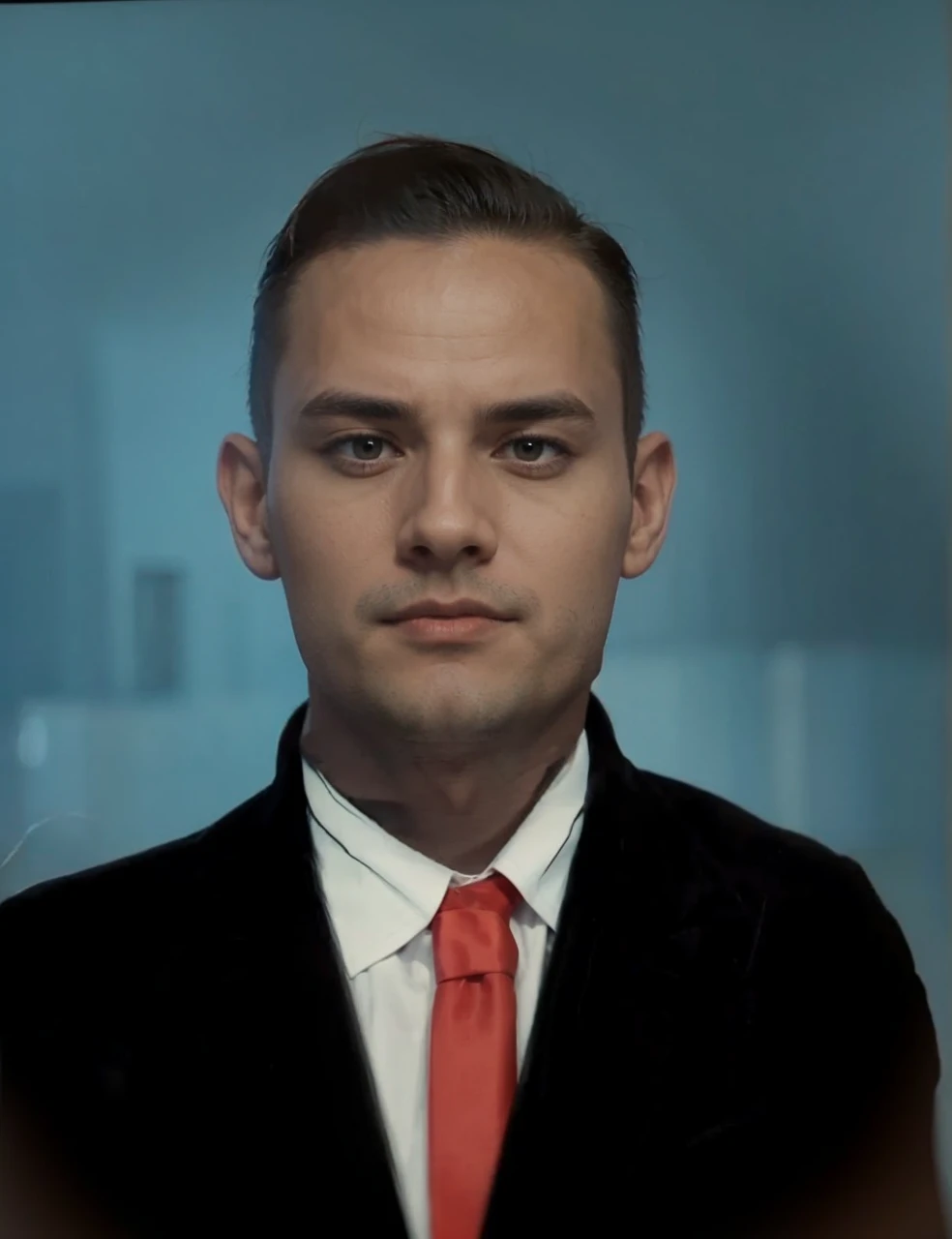 A man wearing a black suit with a white shirt and red tie