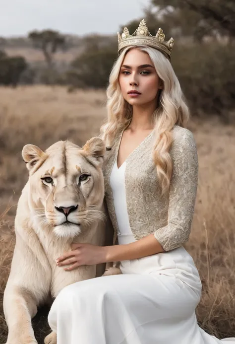 Elegant blonde girl with crown posing next to a white lioness 