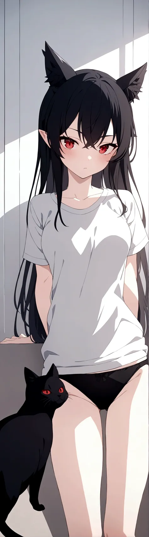 Anime girl, black hair, long bangs, spiky hair, and black cat ears that look like horns, with grey and black lines in the shirt, with black panties, red eyes