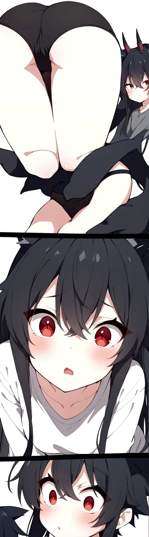 Anime girl, black hair, long bangs, spiky hair, and black cat ears that look like horns, with grey and black lines in the shirt, with black panties, red eyes