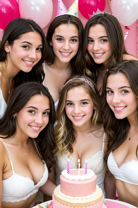 3 girls, 18 year olds, one brunette hair, only one blonde hair. Pink birthday party, cleavage, white girls, high quality, eating delicious food 