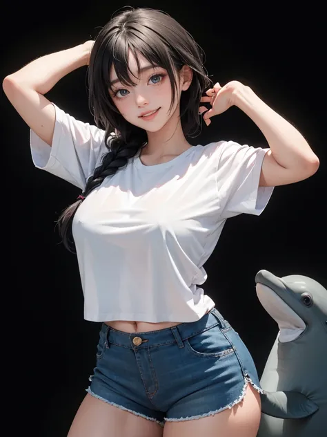 detailed eyes , huge breasts , braided hairstyle , portrait , white t-shirt , dolphin shorts , black background , black hair , smile , black eyes , attention , nsfw