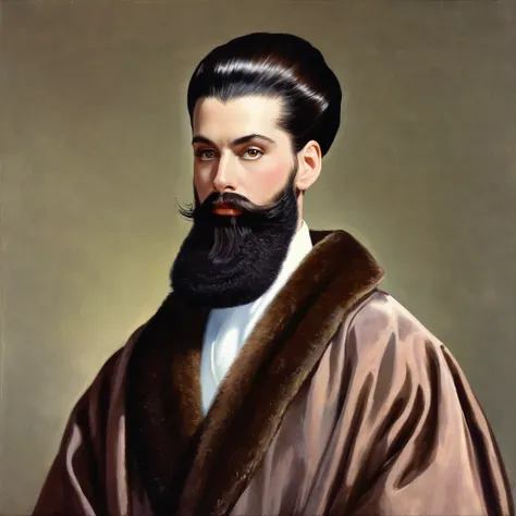 bearded lady with voluminous beard, brown eyes, wet brown hair slicked back, big nose, in dressing gown