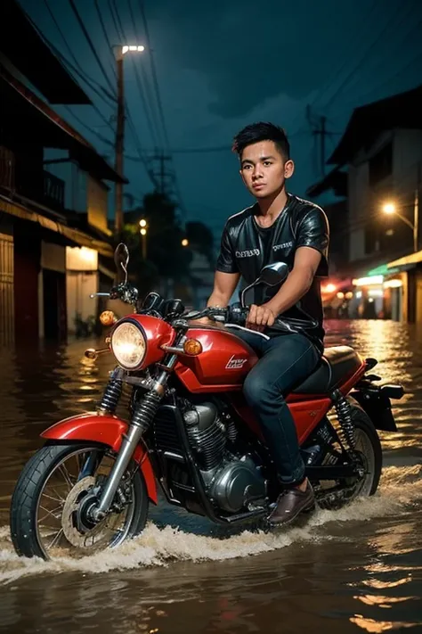 a young Indonesian man was riding a motorbike on a flooded road in Medan , background of many motorbike riders , as if it were stuck , night situation 