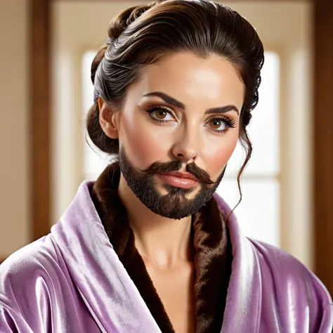 bearded lady with voluminous beard, brown eyes, wet brown hair slicked back, big nose, in dressing gown