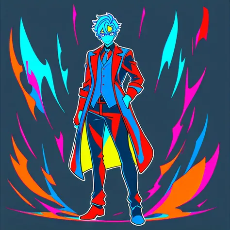 anime man, full body, happy expression, blue hair, red coat, 1boy, masterpiece, (beautiful and aesthetic:1. 5), thick black lineart, clean lineart, perfect lineart, variable lineart, clean anime outlines, sharp lineart,  high quality, best quality, saturat...