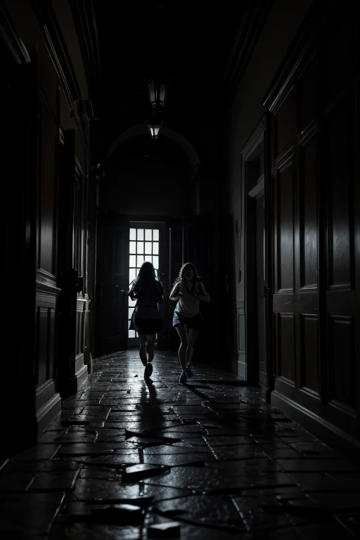 Prompt de Imagem: A scene of pure panic inside the dark mansion. The flashlights are out and Ana and her friends are running desperately, trying to find a way out. Elisa&#39;s ghostly figure appears with a sad and furious expression, floating in mid - air....