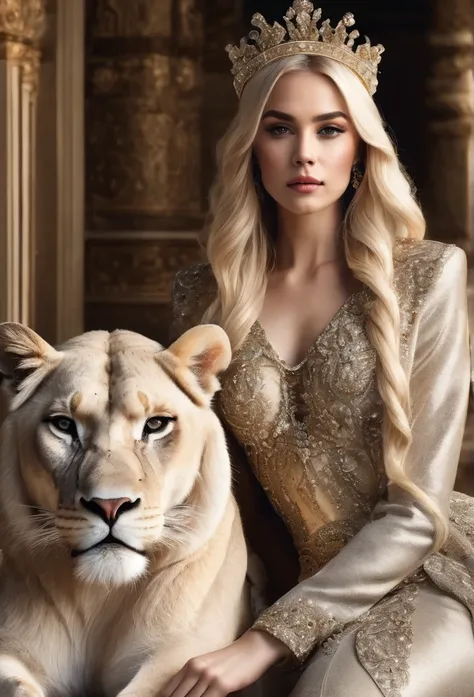 Elegant blonde girl with crown posing next to a white lioness, in a palace, princess posing relaxed with lots of jewelry and luxuries around 