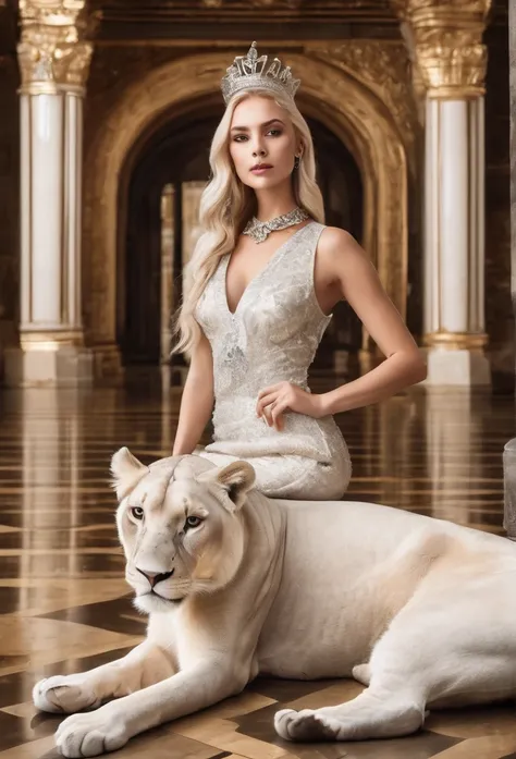 Elegant blonde girl with crown posing next to a white lioness, in a palace, princess posing relaxed with lots of jewelry and luxuries around 