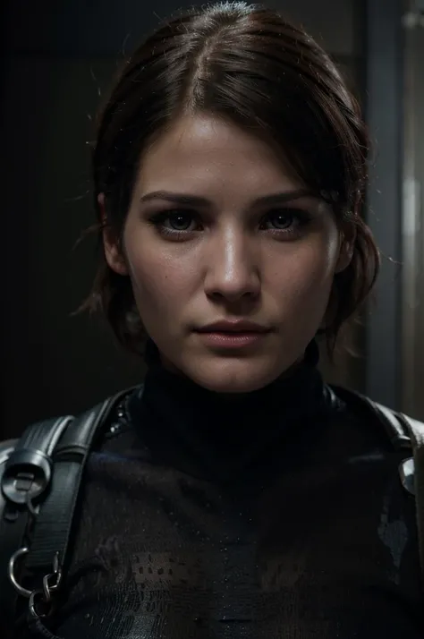 a stunningly beautiful Gemma Arterton as Jill Valentine from Resident Evil, extremely detailed portrait, stunning detailed eyes, long eyelashes, beautiful detailed face and lips, intricate details, military outfit, tactical gear, confident expression, cine...