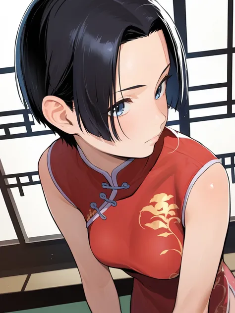 score_9, score_8_up, source_anime, solo, 1girl, tomboy, dress, boa hancock, lole, young, ((aged down)), ikuchan, black hair, black hair, oriental, Chinese dress, short dress, short hair, indoors 