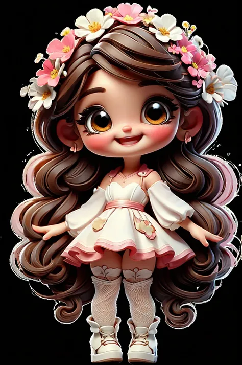 cute baby chibi girl brown hair, flower in head, white and pink background, smiling happy, 
