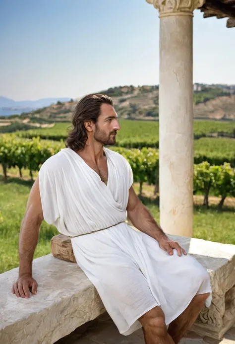 Manly, muscular Greek Noble from the hellenistic Period of Ancient Greece. The man is relaxing in his home with a vast expanse of green fields in the background, far from his vineyard. The man is wearing nothing but a simple white tunic and his broad muscu...