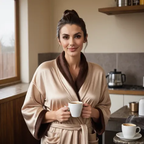 
bearded lady stubble beard shaggy, brown eyes, wet brown hair slicked back, big nose, in dressing gown serves coffee