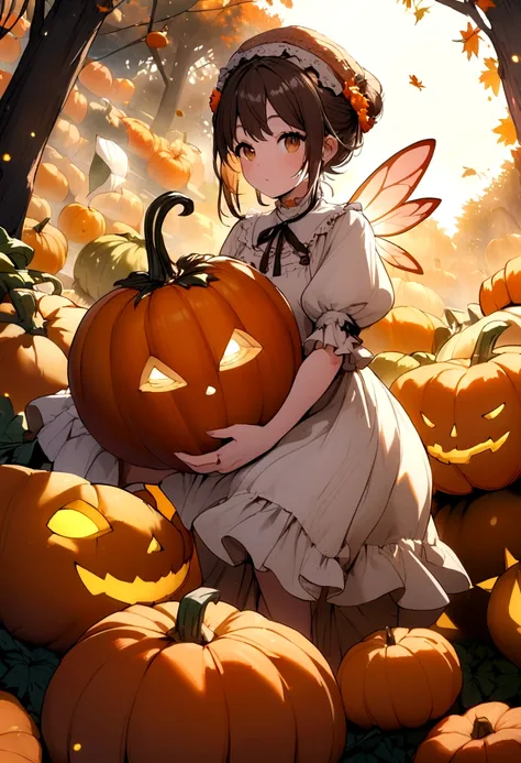 a  fairy flying over a pile of Pumpkins , holding one Pumpkin on her hand