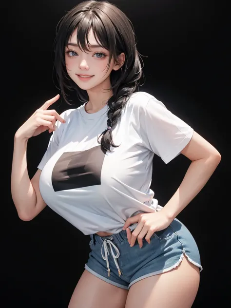 detailed eyes , huge breasts , braided hairstyle , portrait , white t-shirt , dolphin shorts , black background , black hair , smile , black eyes ,  attention