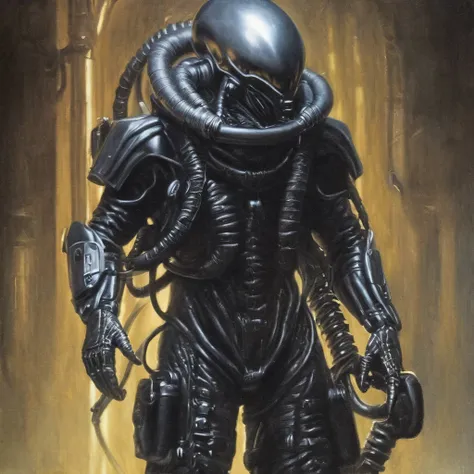 astronaut in a xenomorphic biosuit, (((not a helmet))) , look with arrogance, concentrated face, blaster in hand,  dark epic, te...