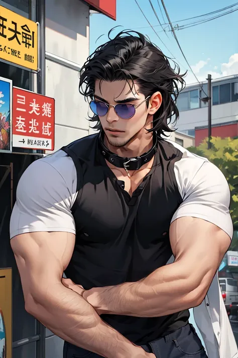 lifelike，（masterpiece，top quality，best quality，official art），Very detailed，rich and colorful，most detailed，God，shorter hair，Black hair，Handsome man，Collar，Short sleeve，suburbs，Sun Glasses，muscle，Chest muscles