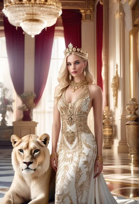 A beautiful elegant blonde girl in a luxurious palace, wearing an ornate crown, posing gracefully next to a white lioness, surrounded by lavish jewelry and opulent decor, serene and confident expression, intricate embroidered dress, soft lighting, cinemati...