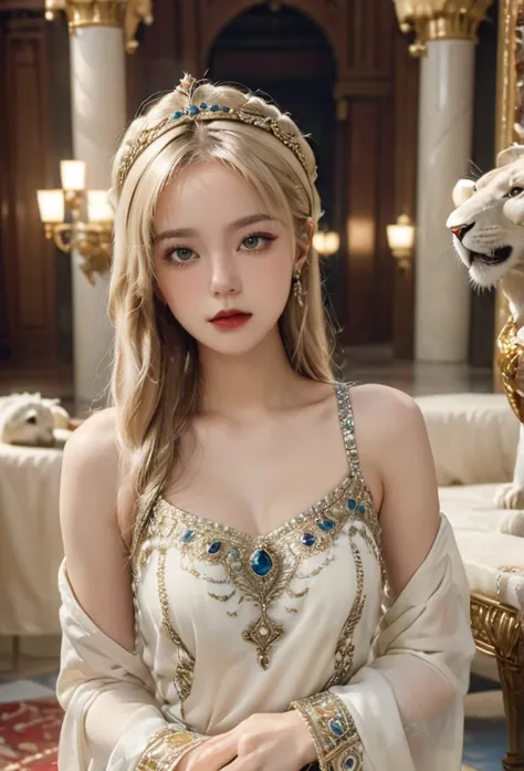 A beautiful elegant blonde girl in a luxurious palace, wearing an ornate crown, posing gracefully next to a white lioness, surrounded by lavish jewelry and opulent decor, serene and confident expression, intricate embroidered dress, soft lighting, cinemati...